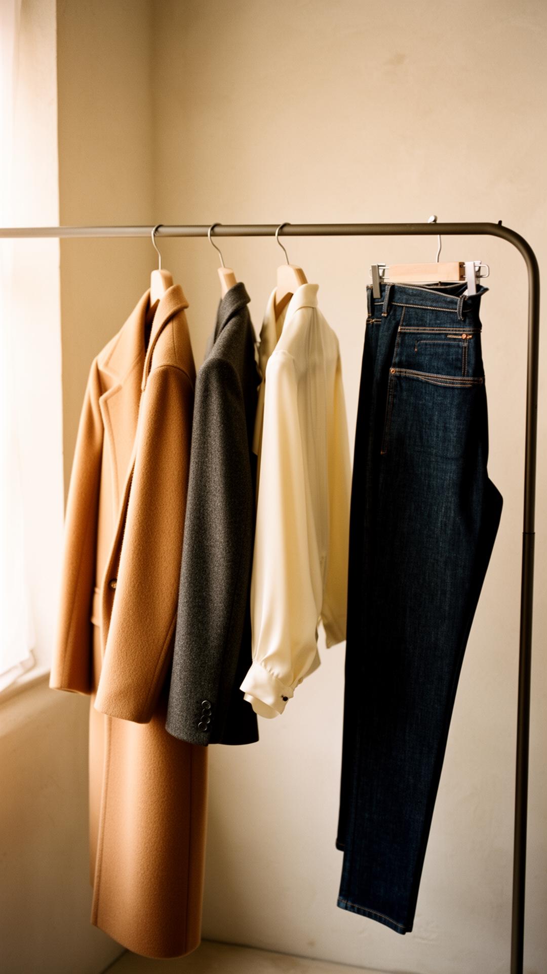 A curated capsule wardrobe rail — camel cashmere overcoat, charcoal blazer, cream silk blouse, indigo denim in warm daylight